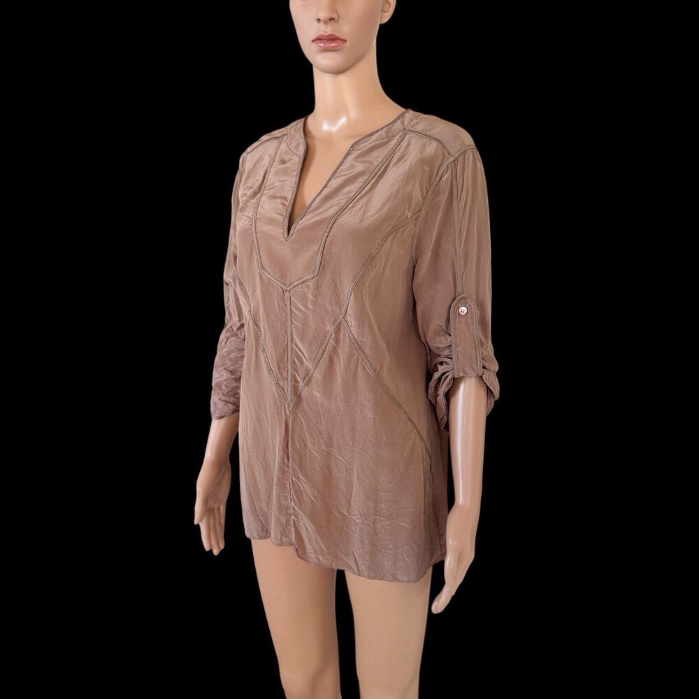 Silk Tunic Blouse Top Mocha Boho Minimalist Classic BCBG Max Azria Womens M